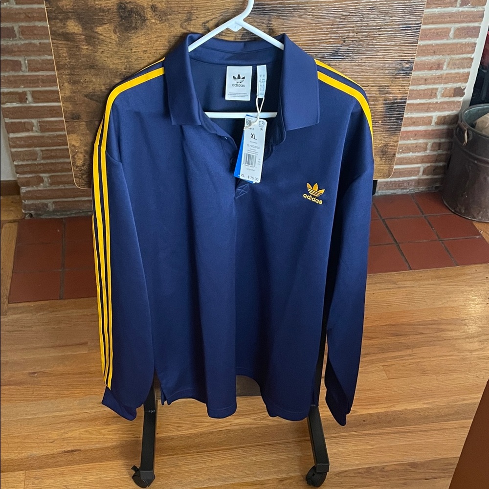 Adidas Men's Blue Polo with Yellow Accents